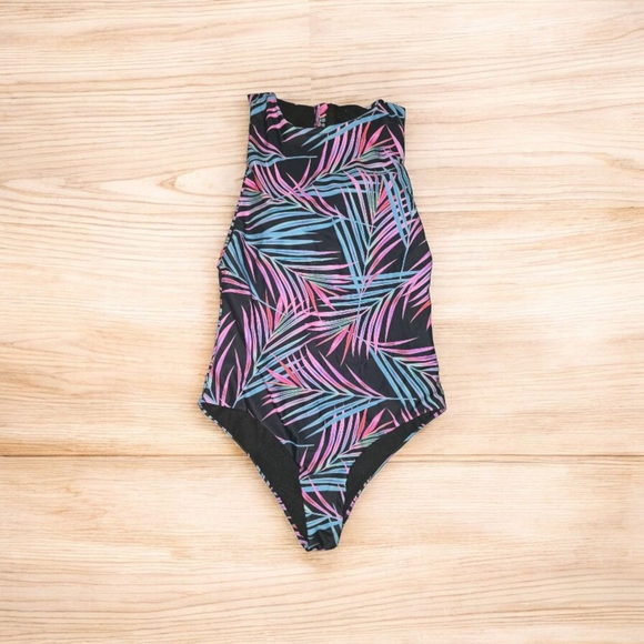 Tropical Palm Leaf One-Piece Swimsuit – Pink/Blue on Black | NWOT | Size L - Picture 2 of 2